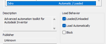 Inventor Add-in Manager with Zidro enabled